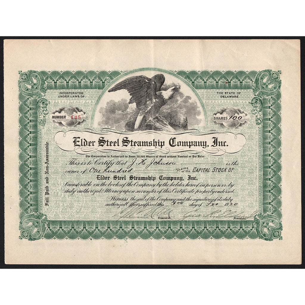Elder Steel Steamship Company, Inc. Stock Certificate