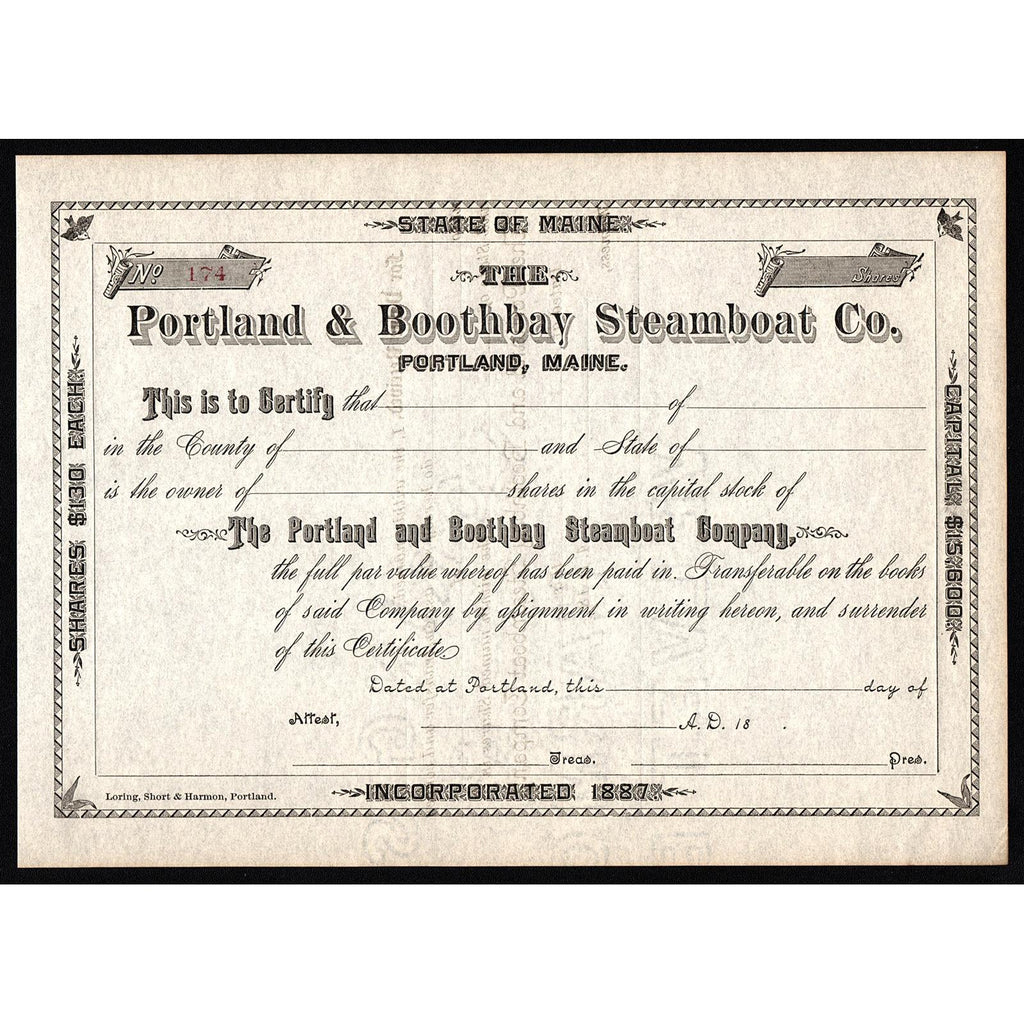 The Portland & Boothbay Steamboat Company Maine Stock Certificate