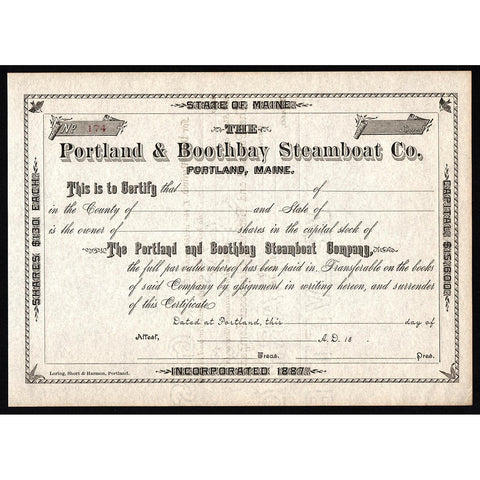 The Portland & Boothbay Steamboat Company Maine Stock Certificate