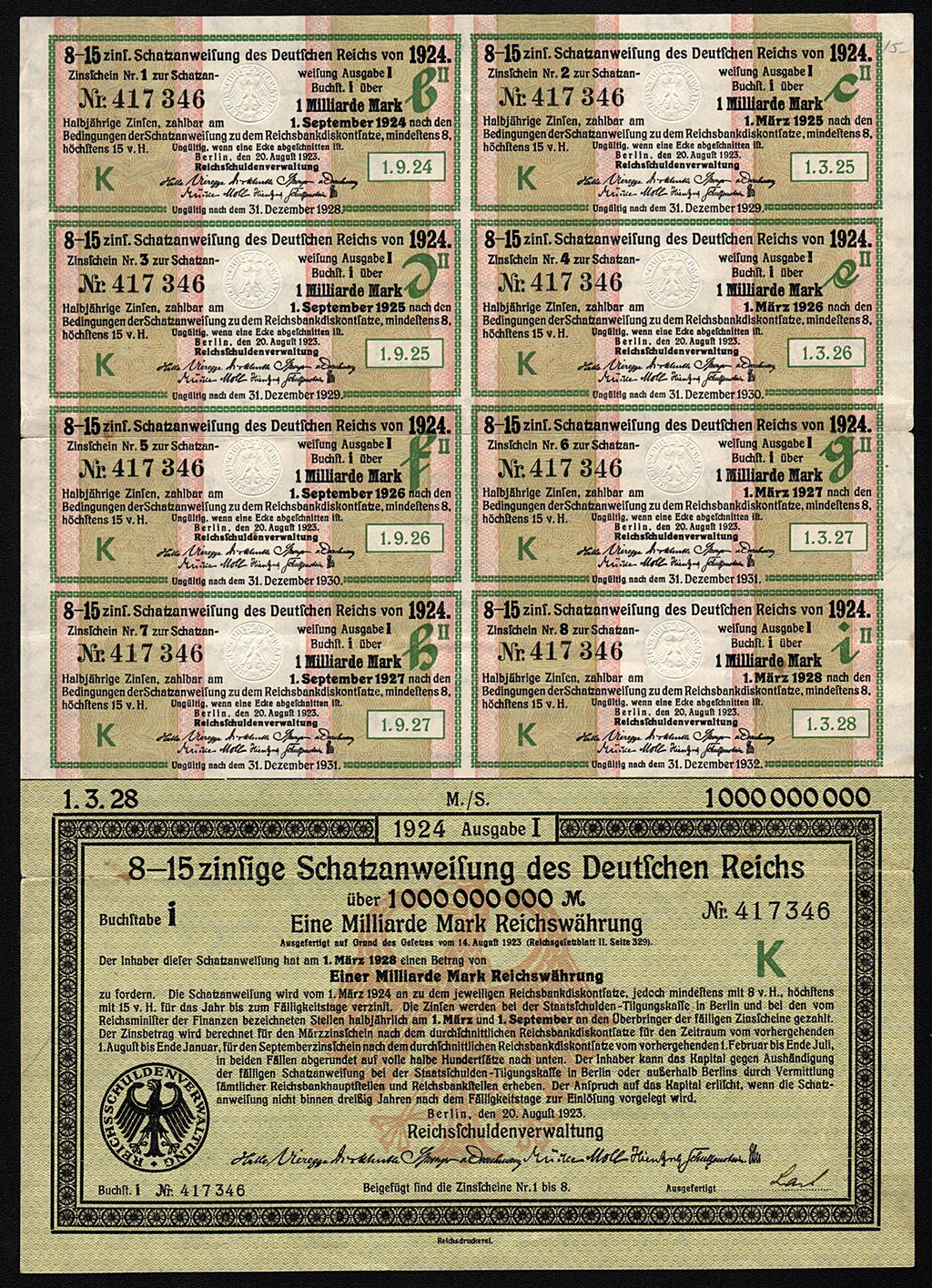 Schatzanweisung des Deutschen Reichs - 1,000,000,000 Mark Treasury Bond (Milliarde - Billion)