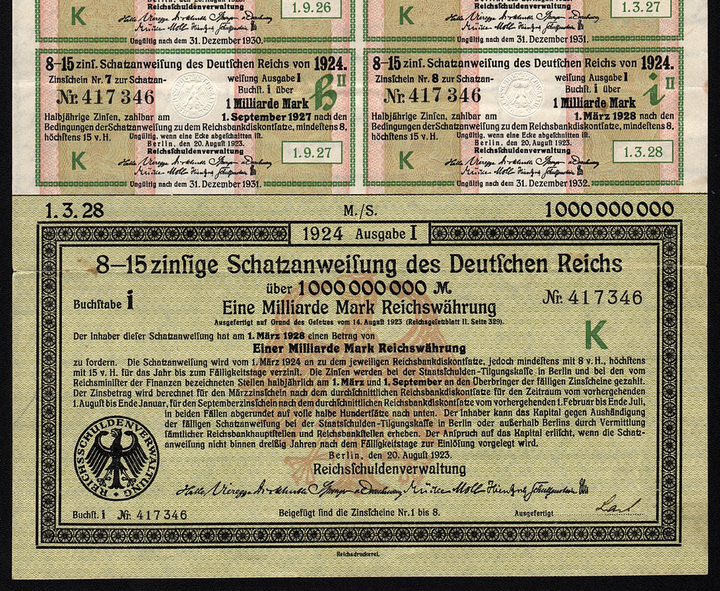 Germany 1,000,000,000 Mark (Milliarde - Billion) Treasury Bond Certificate
