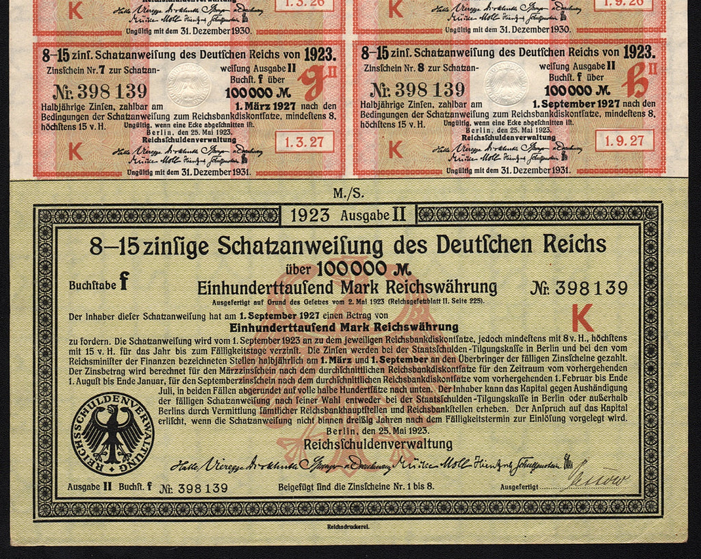 Schatzanweisung 100,000 Mark Treasury Bond Certificate