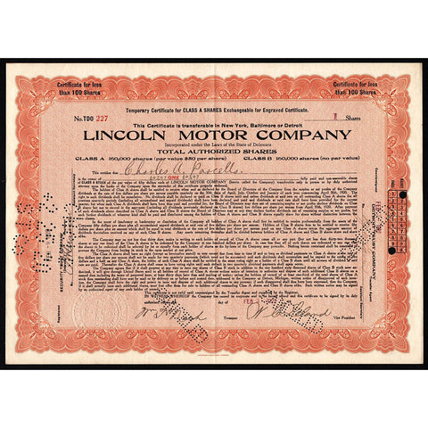 Lincoln Motor Company Stock Certificate