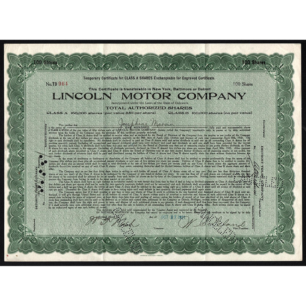 Lincoln Motor Company Stock Certificate