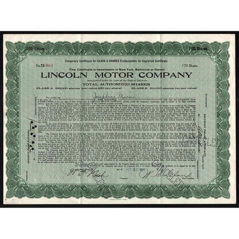 Lincoln Motor Company Stock Certificate