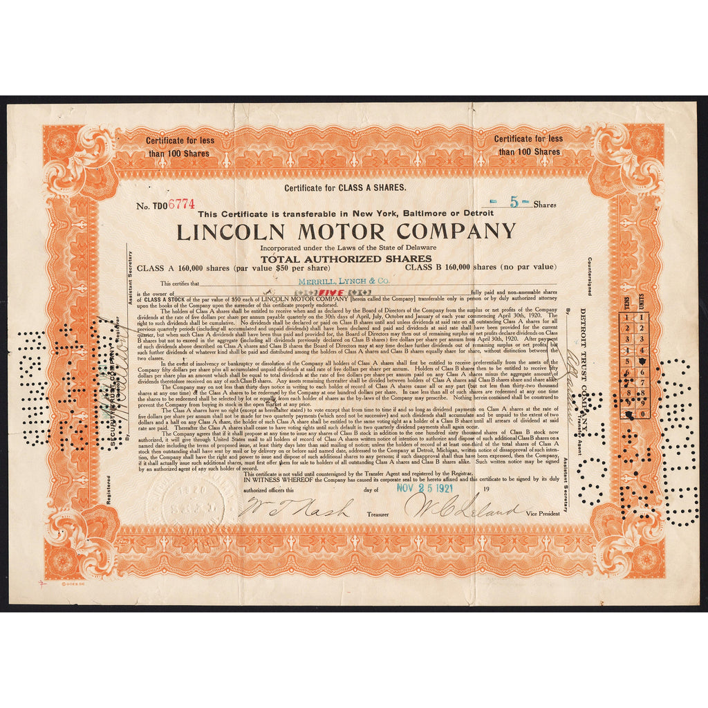 Lincoln Motor Company Stock Certificate