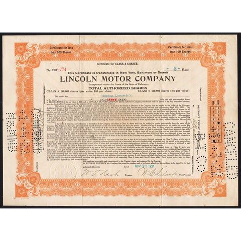 Lincoln Motor Company Stock Certificate