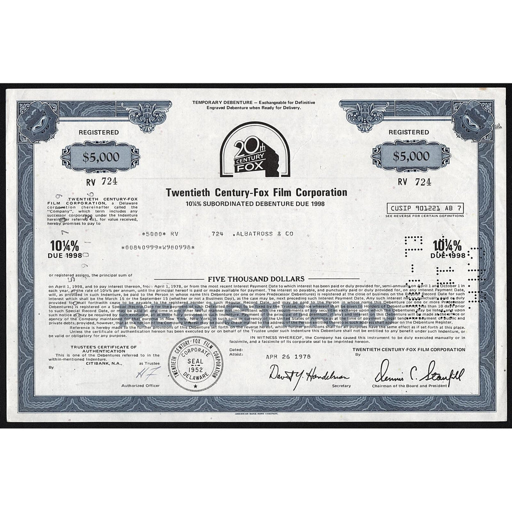 Twentieth Century-Fox Film Corporation Bond Certificate