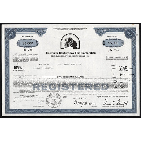 Twentieth Century-Fox Film Corporation Bond Certificate