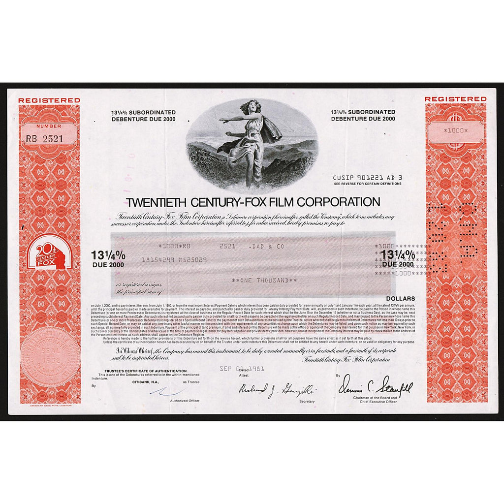 Twentieth Century-Fox Film Corporation Bond Certificate Debenture