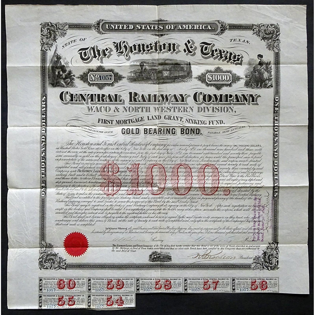 The Houston & Texas Central Railway Company 1873 Gold Bond