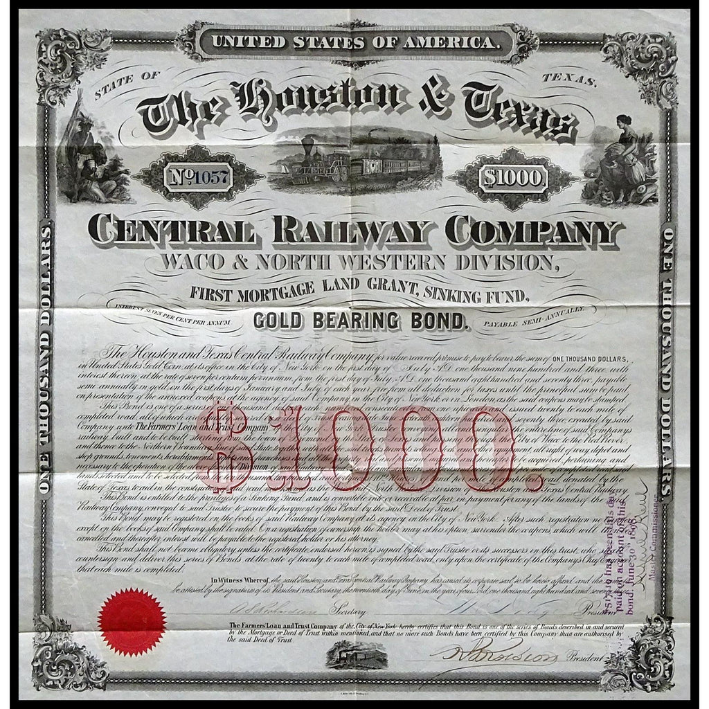 The Houston & Texas Central Railway Company 1873 Gold Bond Certificate