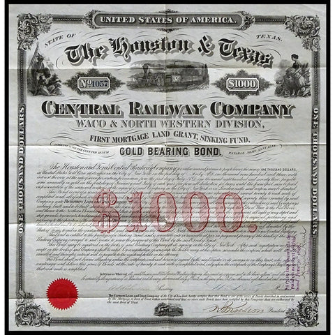 The Houston & Texas Central Railway Company 1873 Gold Bond Certificate