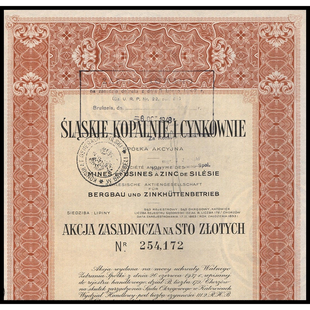 1937 Poland Slaskie Kopalnie I Cynkownie Stock Certificate