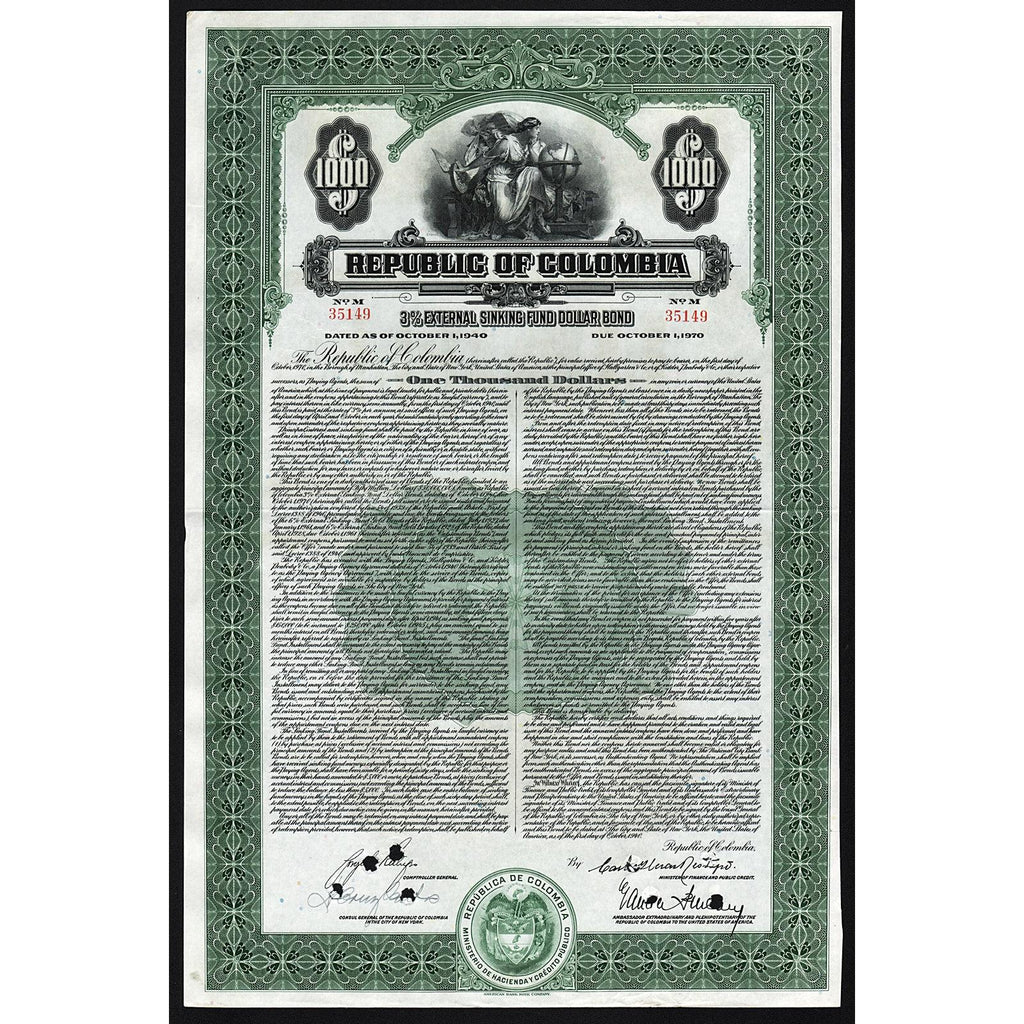 Republic of Colombia 1940 $1000 Gold Bond