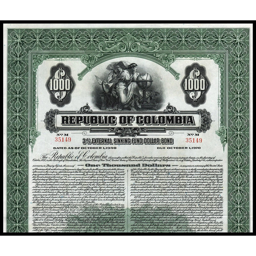 Republic of Colombia 1940 $1000 Gold Bond Certificate