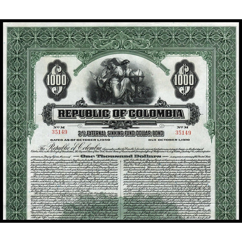 Republic of Colombia 1940 $1000 Gold Bond Certificate