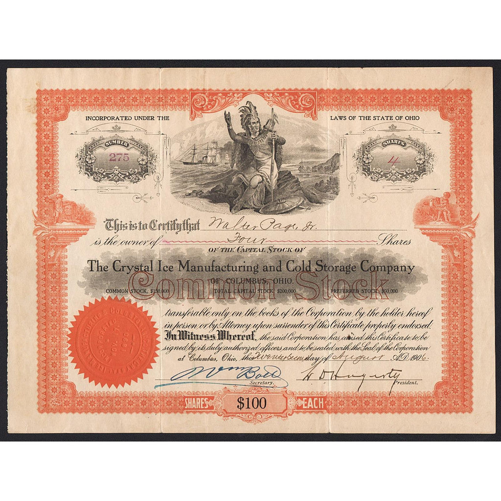The Crystal Ice Manufacturing and Cold Storage Company Stock Certificate