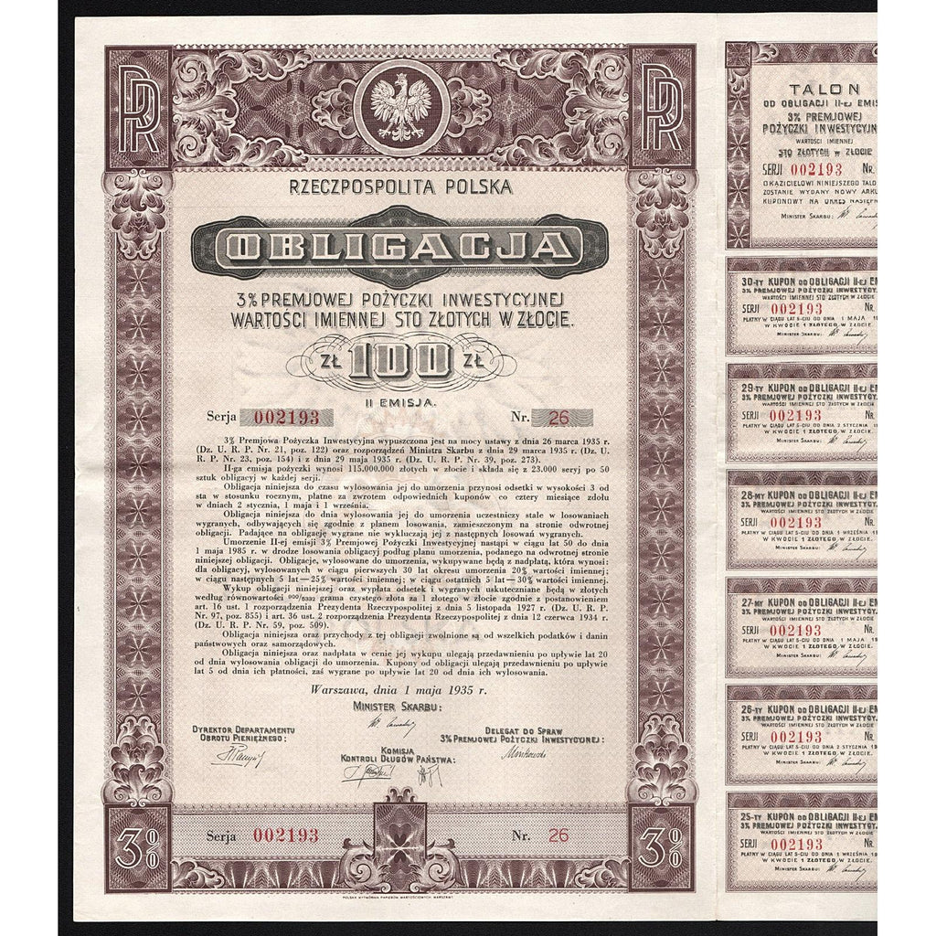 Rzeczpospolita Polska Obligacja 1935 Warsaw Poland Bond