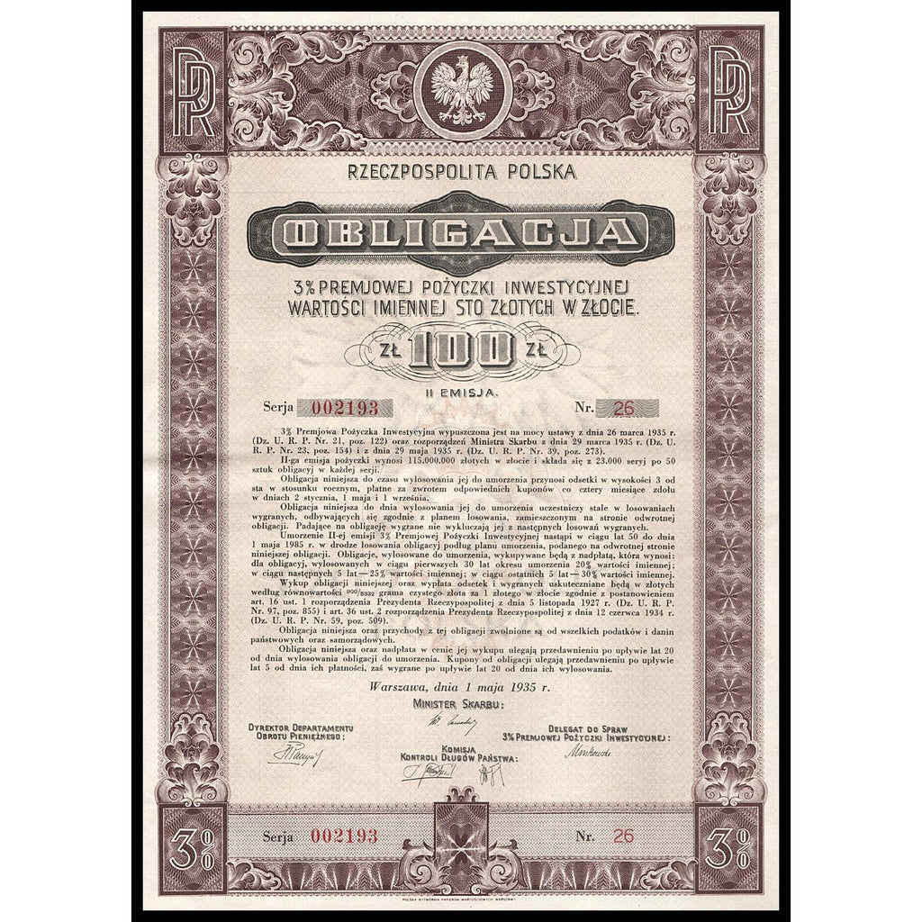 Rzeczpospolita Polska Obligacja 1935 Poland Bond Certificate