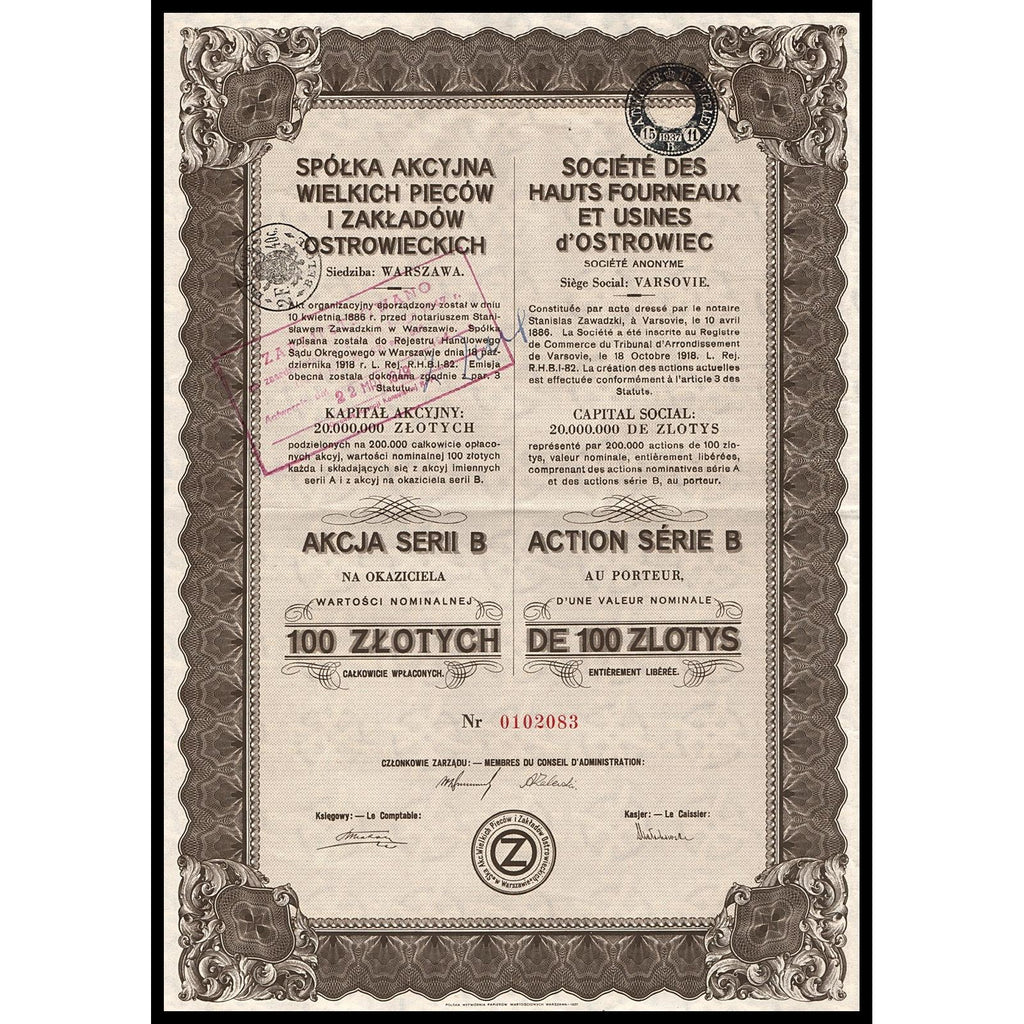 Spolka Akcyjna Wielkich Piecow I Zakladow Ostrowieckich Stock Certificate