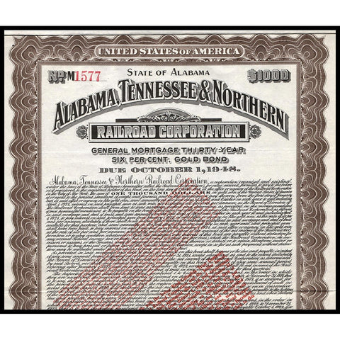 Alabama, Tennessee & Northern Railroad Corporation 1918 Gold Bond
