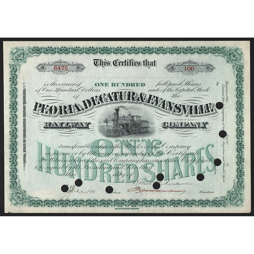 Peoria, Decatur & Evansville Railway Company Stock Certificate
