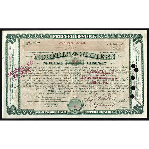 Norfolk and Western Railroad Company Stock Certificate