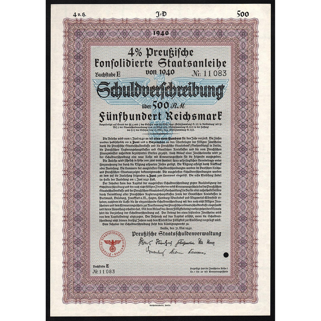 Preußische Konsolidierte Staatsanleihe 1940 Nazi Bond Certificate