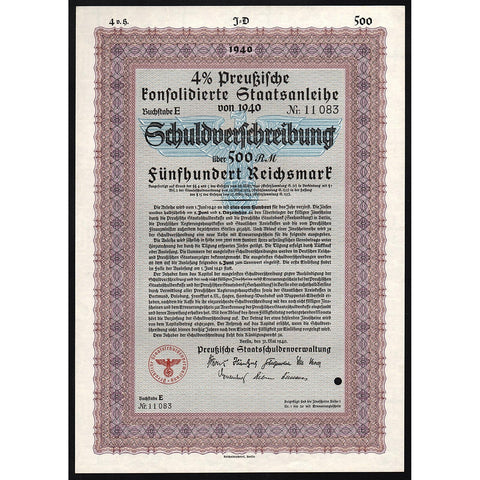 Preußische Konsolidierte Staatsanleihe 1940 Nazi Bond Certificate