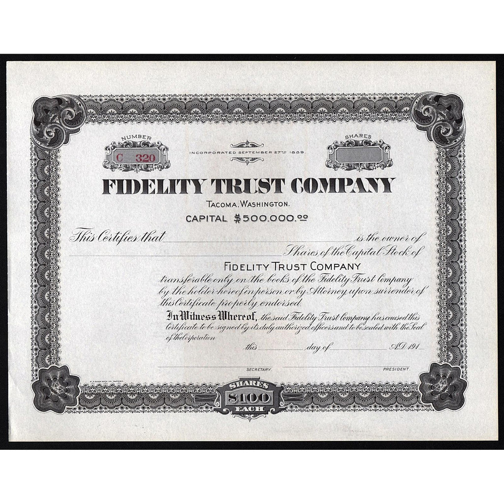 Fidelity Trust Company (Tacoma, Washington) Stock Certificate