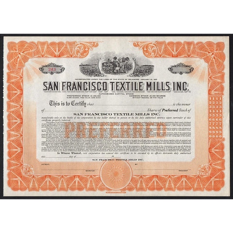 San Francisco Textile Mills Inc. Stock Certificate