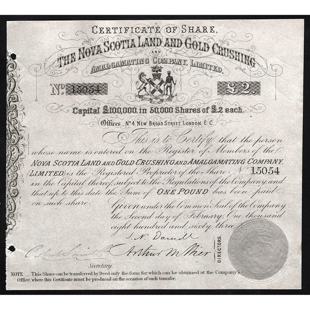 The Nova Scotia Land and Gold Crushing and Amalgamating Company 1863 Stock Certificate