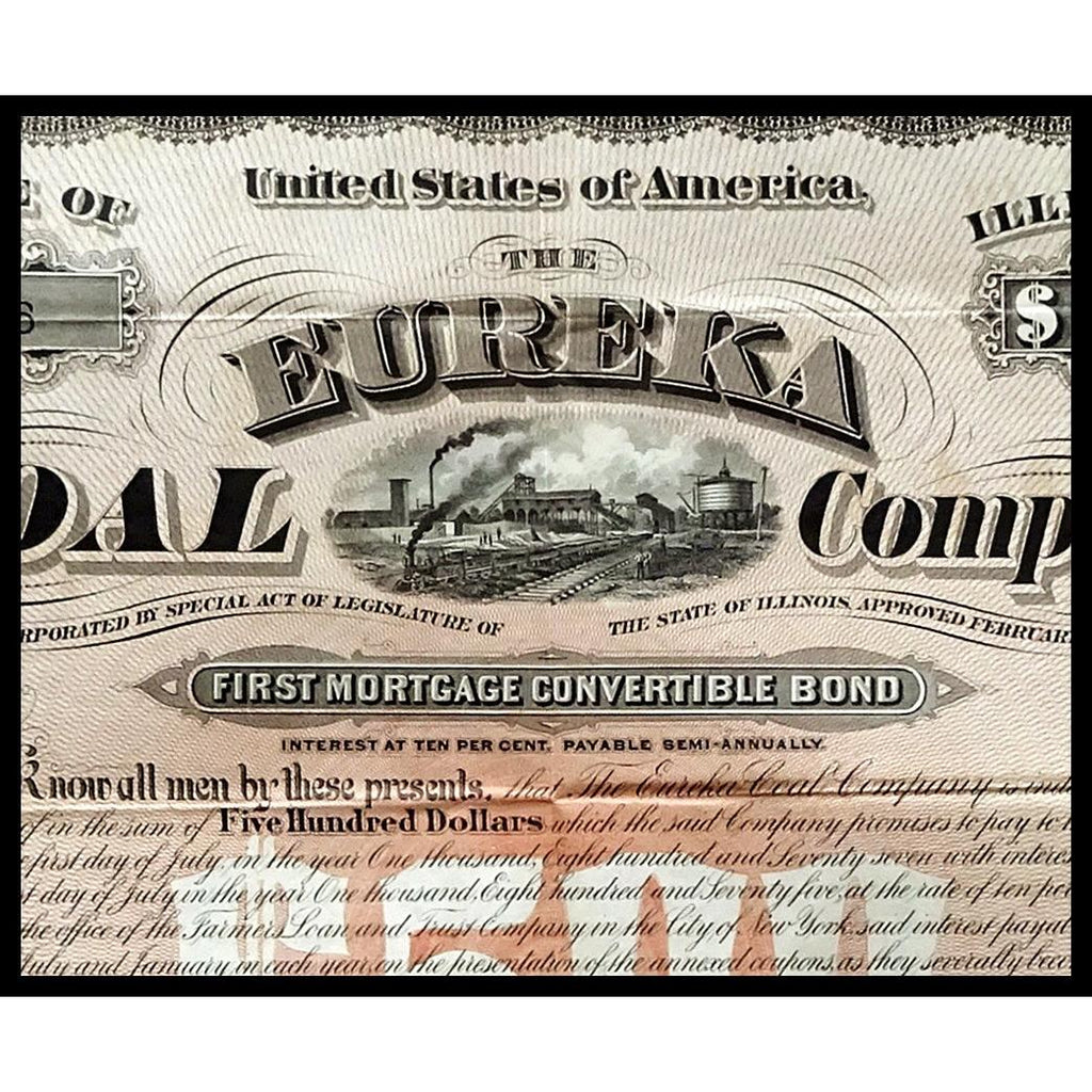 The Eureka Coal Company 1875 Illinois Bond Certificate
