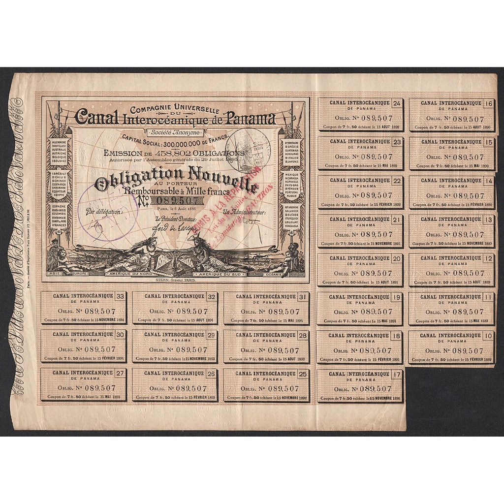 Compagnie Universelle du Canal Interoceanique de Panama 1886 Stock Bond Certificate