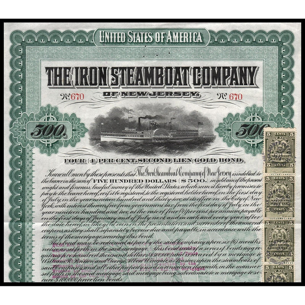Historical bond certificate for The Iron Steamboat Company of New Jersey with steamboat illustration.