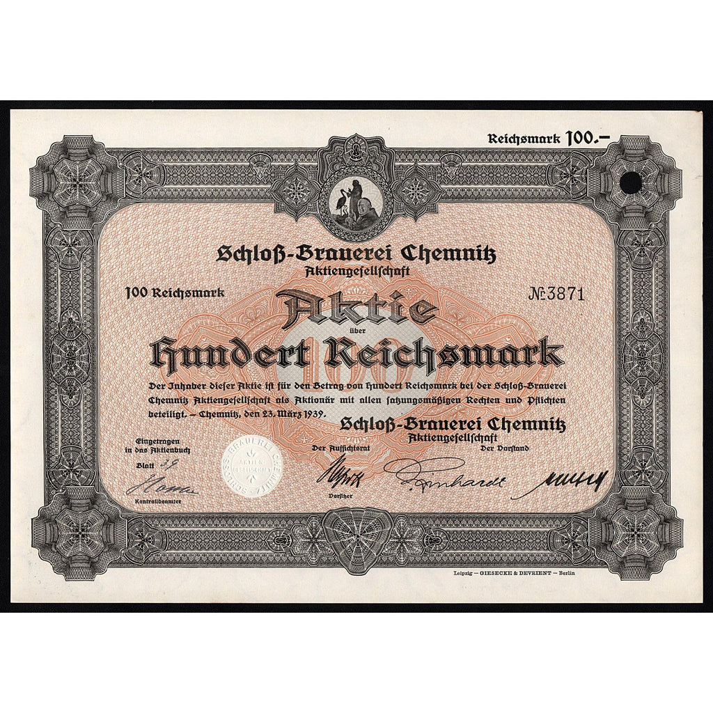 Schloß-Brauerei Chemnitz Aktiengesellschaft Stock Certificate