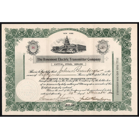 The Rosemont Electric Transmitter Company Stock Certificate