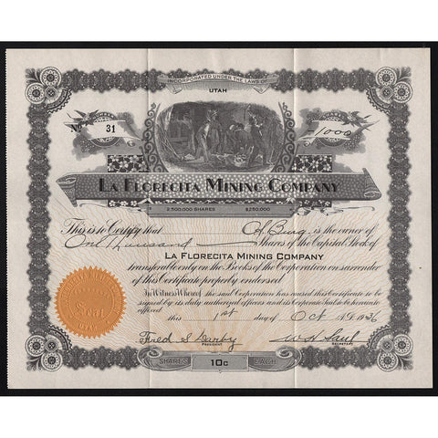 La Florecita Mining Company Utah Stock Certificate