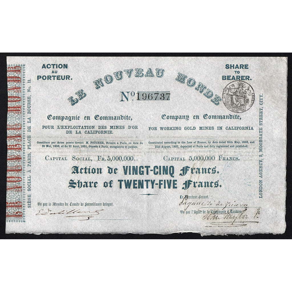 Le Nouveau Monde 1851 California Gold Rush Stock Certificate