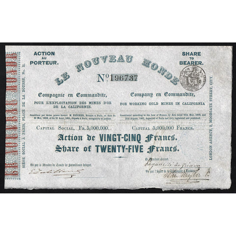 Le Nouveau Monde 1851 California Gold Rush Stock Certificate