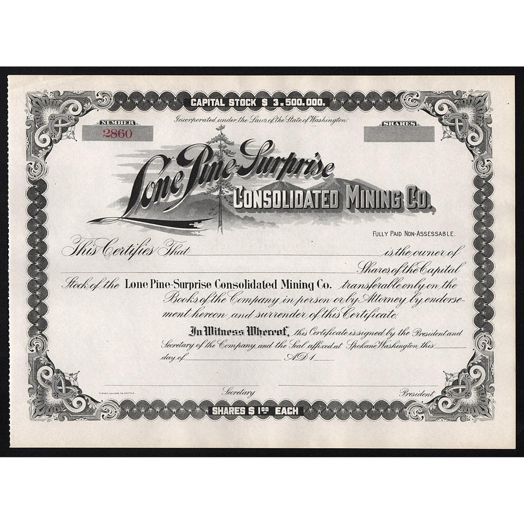 Lone Pine Surprise Consolidated Mining Co. Stock Certificate