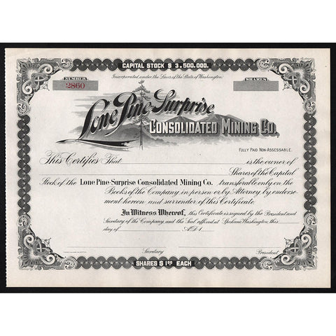 Lone Pine Surprise Consolidated Mining Co. Stock Certificate