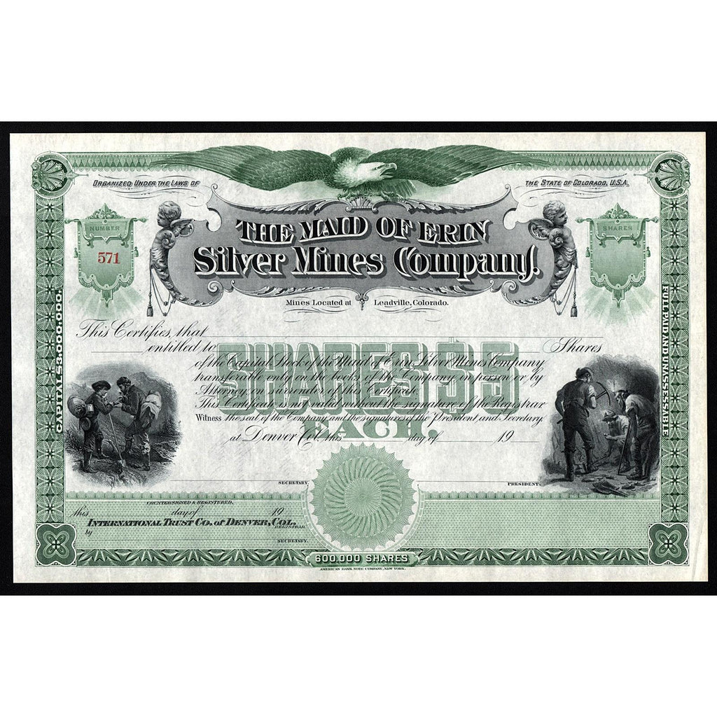 The Maid of Erin Silver Mines Company Stock Certificate