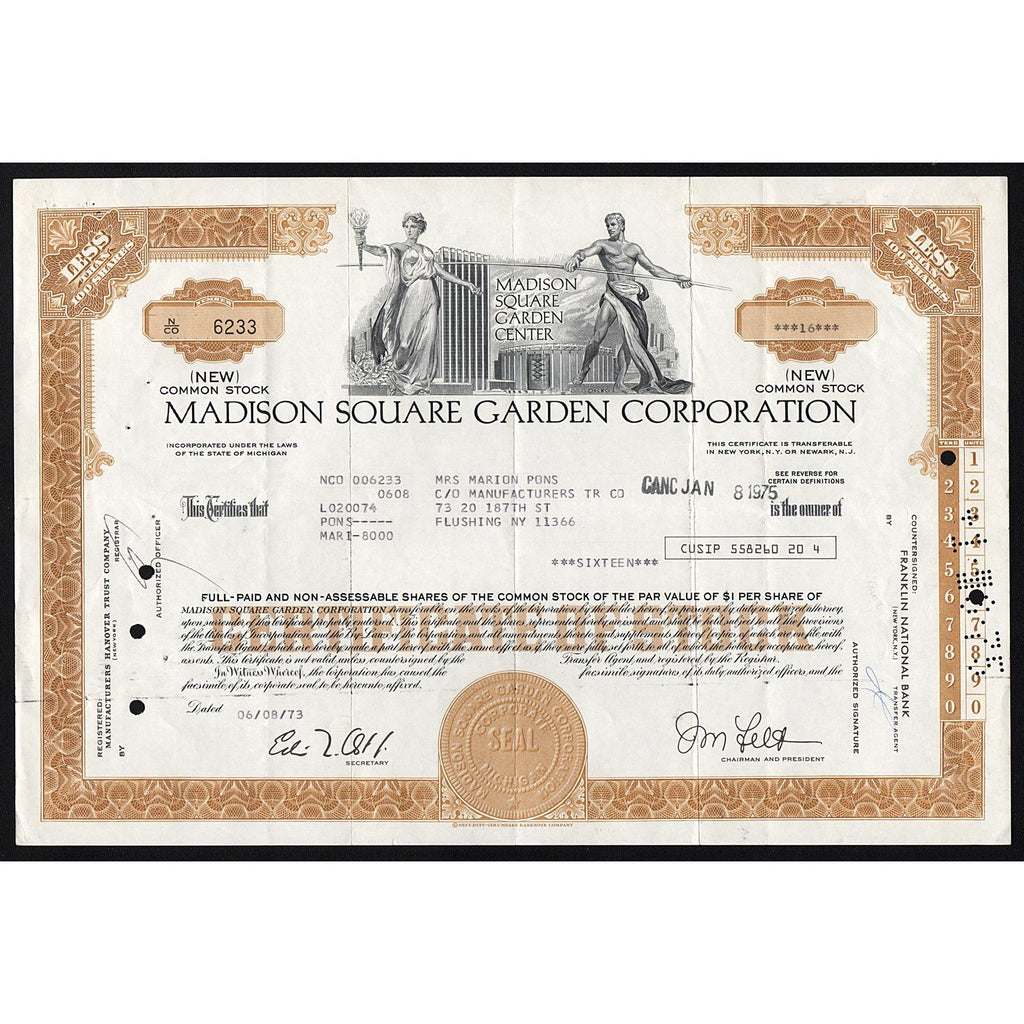 Madison Square Garden Corporation Stock Certificate
