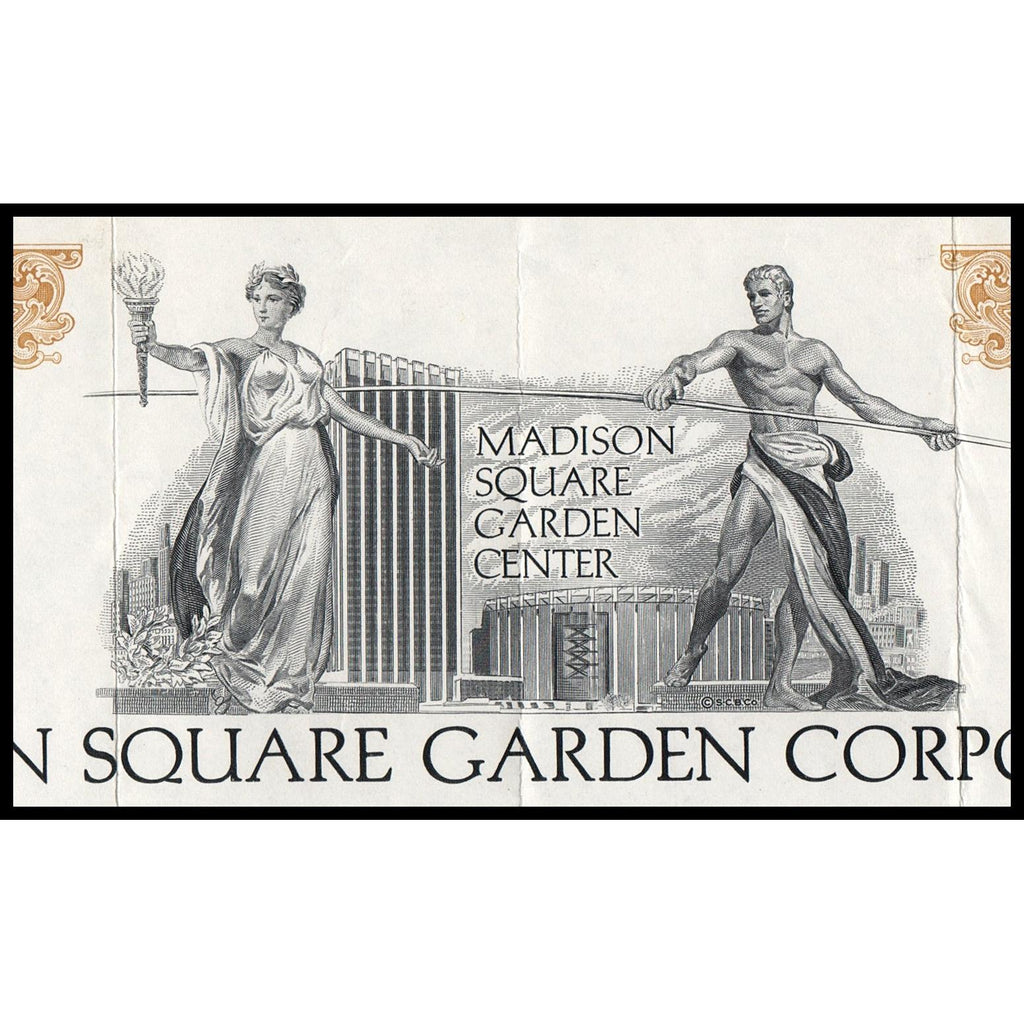 Illustration of two figures holding a banner with 'Madison Square Garden Center' text, featuring classical design elements.