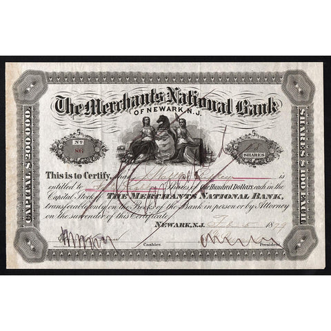 The Merchants National Bank of Newark, N.J. Stock Certificate