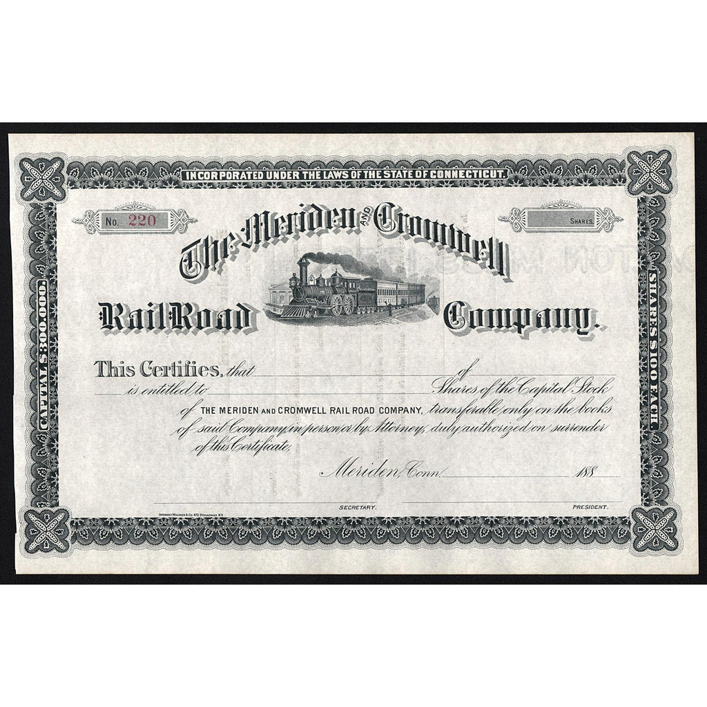Historical stock certificate for the Meriden & Cromwell Railroad Company with decorative border and train illustration.