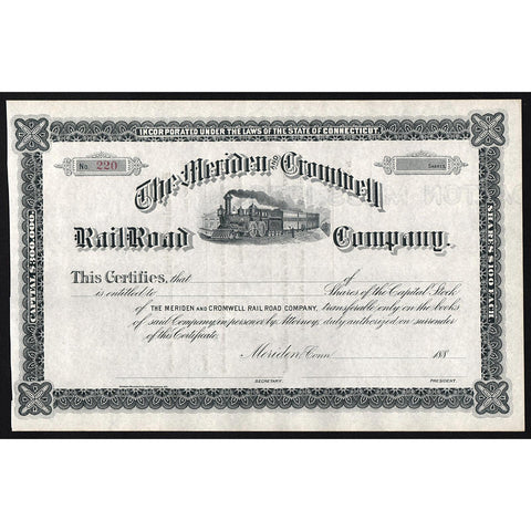 Historical stock certificate for the Meriden & Cromwell Railroad Company with decorative border and train illustration.