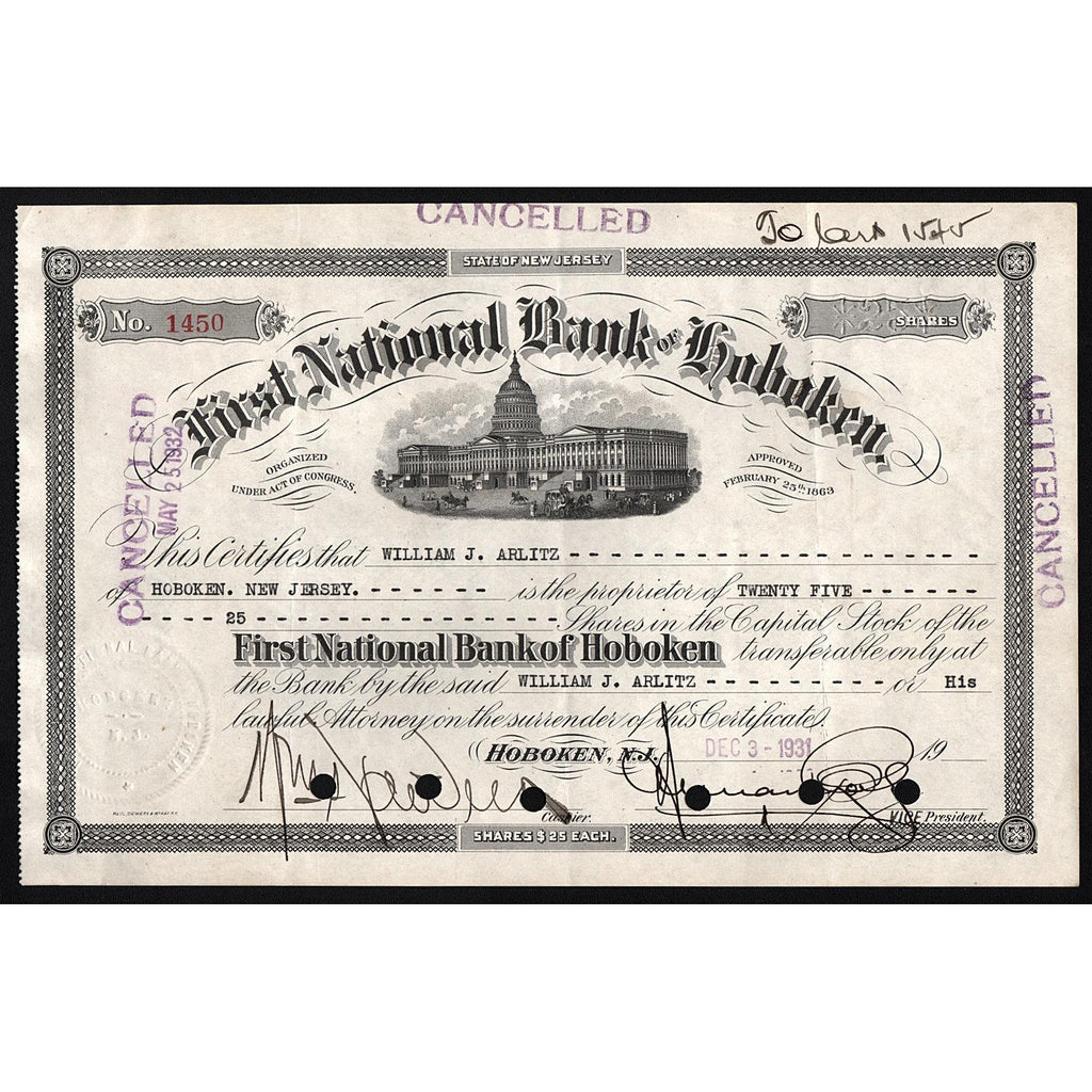 First National Bank of Hoboken New Jersey Stock Certificate